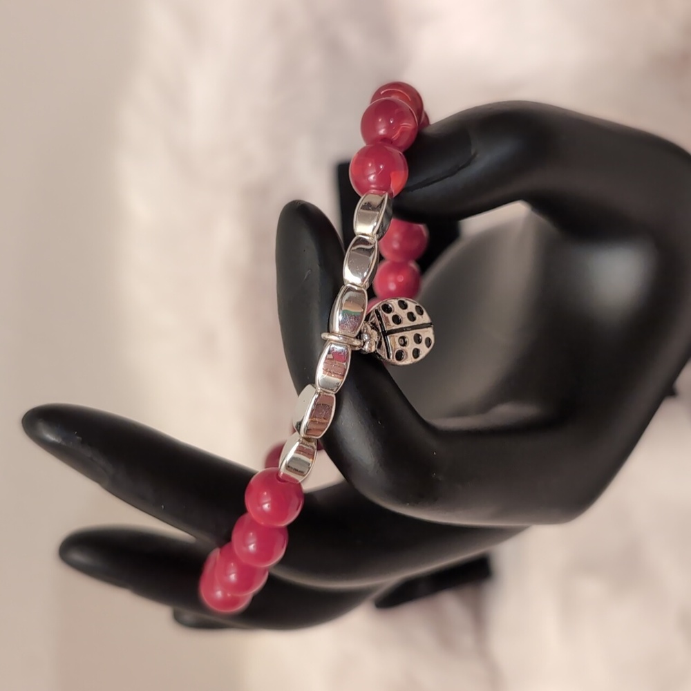 Red Beaded Bracelet with Silver Toned Ladybug Bead Focus